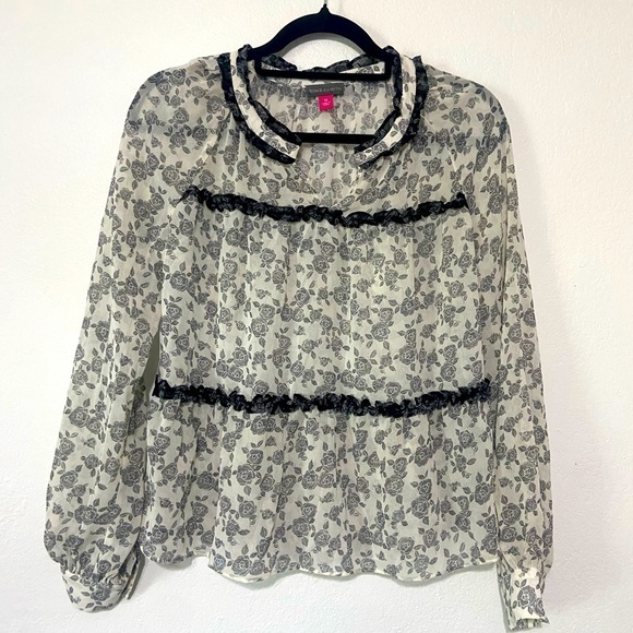 Vince Camuto women's XS black/white floral ruffle sheer notch neck blouse EUC - Picture 1 of 8